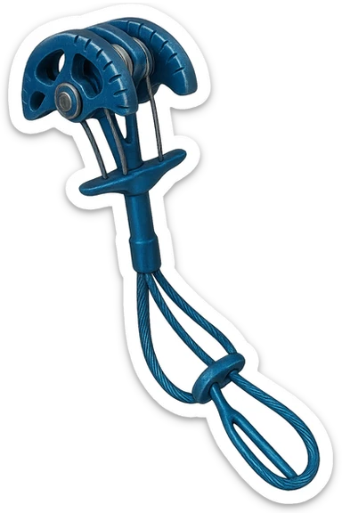 Trad climbing camming device in blue, metallic, with lobes and a stem, isolated on transparent background, realistic metallic texture and details sticker