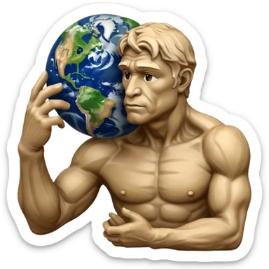 rodins sculpture the thinker but with a planet earth in its hand in a cartoon art style sticker