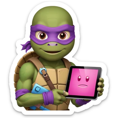 Donatello from Teenage Mutant Ninja Turtles, emoji style, with a tablet showing a hacking screen and a tech accessory, with a pink hacking interface sticker