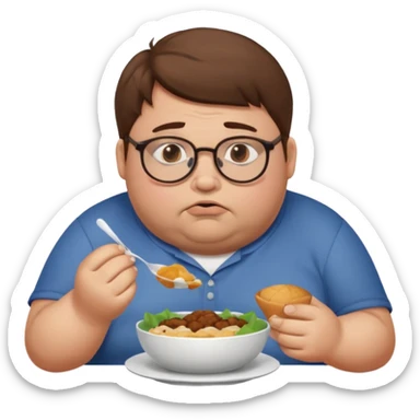 Fat sad guy with brown hair and glasses eating food sticker