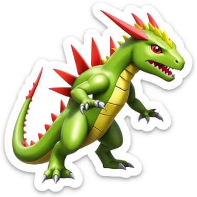Cool cute shiny futuristic Guilmon-Flygon-Tyranitar-Digimon-hybrid-fusion, yellow belly, full body sticker