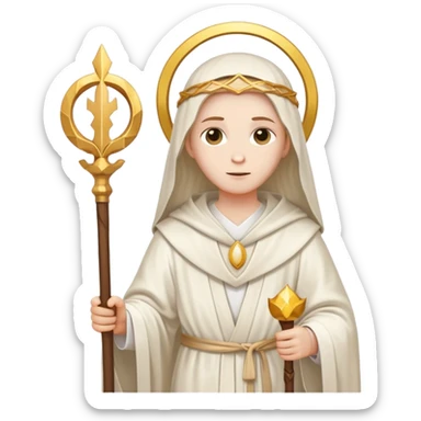 a saint dressed in robes with a staff and halo sticker