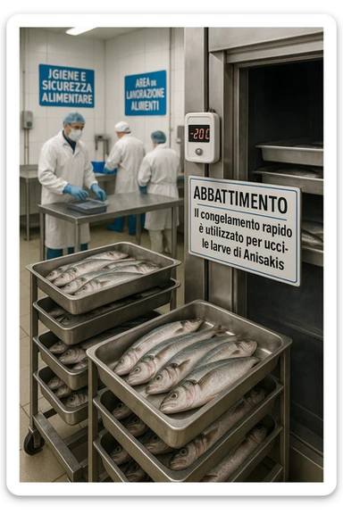 a fish processing facility where freshly caught fish are placed on trays and moved into a large industrial freezer. A temperature gauge shows -20°C, and an educational label explains that rapid freezing (abbattimento) is used to kill Anisakis larvae. The background includes workers in protective clothing and clear signage about food safety. in italiano sticker