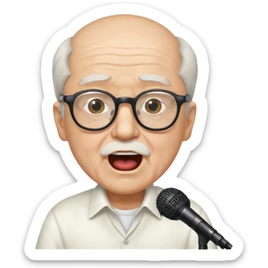 singer, Old man, singing to mic, white shirt glasses sticker