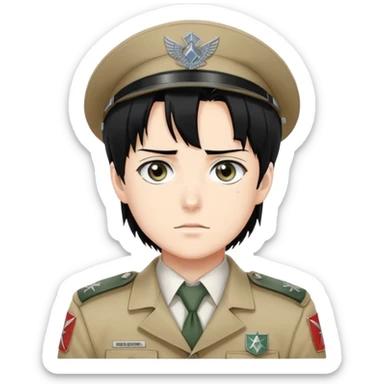 Levi Ackerman from Attack on Titan, with black hair, gray eyes, and wearing Survey Corps uniform sticker