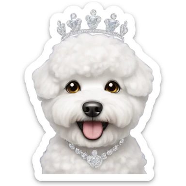 A happy, cute and fluffy Bichon Frise wearing a tiara  sticker