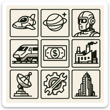 large resolution square minimal icons, space semiotic, black print on white background, square outline icons, sleek symbols, transportation, economy, engineering, industry. Designed for signage. futuristic dystopian futurepunk cyberunk sticker