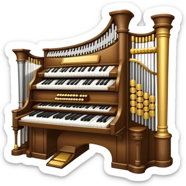 Create an elegant and majestic emoji representing a classical organ. The design should feature the grand pipes of the organ in the background, with visible details of the keys and pedalboard in the foreground. The pipes should be tall and impressive, with a mixture of gold, silver, and metallic shades to emphasize the grandeur of the instrument. The keyboard and pedals should be well-defined, capturing the intricate craftsmanship of the organ. Use dark wood tones and gold accents for the body of the instrument to give it a rich, historic feel. Add subtle musical notes around the organ to evoke its deep, resonant sound. The background should be transparent. sticker
