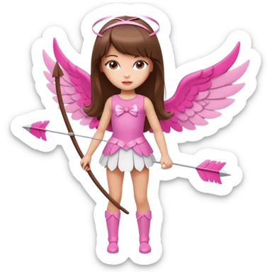 Hada sexy cupido pequeña  de cabello largo lacio castaño con flequillo y ojos cafés  vestida con algo sensual corto color blanco o rojo arco delgado con un color que combinen   y flechas  igual delgadas  que combinen y labios rosas tipo Barbie pero en hada cupido de cuerpo completo ojos sexys  sticker