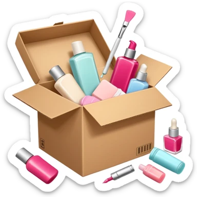 a cardboard box with assorted beauty products like compact, lotion, and nail polish spilling out with a blue background, variation 2 sticker