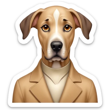 Cinematic Noble Fawn Great Dane Portrait Emoji, Poised and regal, with a towering, muscular build and a sleek, well-groomed solid fawn coat accented by subtle dark markings, deep-set soulful amber eyes, Simplified yet sharp and sophisticated features, highly detailed, glowing with a soft, dignified glow, high shine, intelligent and gentle, stylized with an air of majesty, focused and attentive, soft glowing outline, capturing the essence of a watchful and confident guardian, so majestic it feels as though it could stride out of the screen with effortless authority! sticker