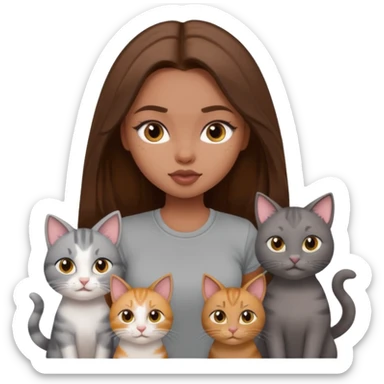 a pretty bratz dusky girl with long brown hair with four cats nd wearing a grey tshirt sticker