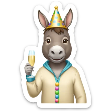 donkey wearing a onesie having a party sticker
