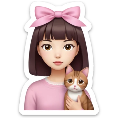 Cute East Asian girl, soft fair skin with blush on cheeks, big brown eyes with long lashes, natural pink lips, inward brown bob with straight bangs. Wearing a stylish pink knit top with ribbon details and subtle lace trim, holding an Abyssinian cat sticker