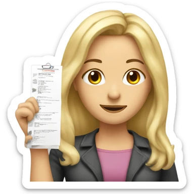 Blonde woman, long hair, holding a completed checklist celebrating  sticker