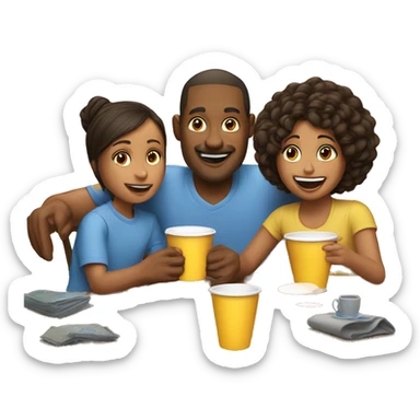 An emoji of a family—mother, father, and child—sitting at a table, playing a cup game with paper cups arranged on the table as they have fun together sticker