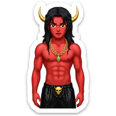 Satan with red skin, long black hair, black sequin baggy pants, shirtless with necklace sticker