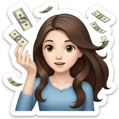 beautiful pale brunette girl with long hair throwing money sticker