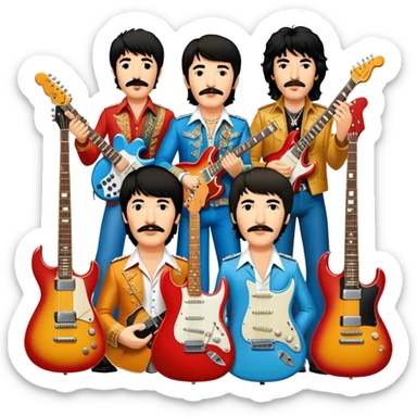 Rock music icon: dynamic collage of global rock legends like The Beatles, Jimi Hendrix, Elvis Presley, Led Zeppelin, Queen, and Nirvana, surrounded by guitars, amplifiers, and stage lights. Not all have mustaches, reflecting diverse styles. Transparent background. sticker
