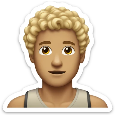 black eyes, very very curly blonde short hair guy, serious face, tan skin sticker