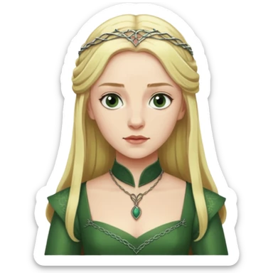 Elizabeth Woodville is the queen of York and looks like a blonde Rebecca Ferguson. She is wearing a green dress and looks like a Game of Thrones Character sticker