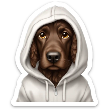 Solid chocolate Aussie doodle in a white hoodie with the hood up sticker