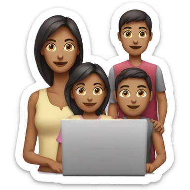 mulher com computador e filhos perto sticker