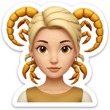 3D cartoon woman with a scorpion-shaped hairstyle, confident expression, smooth skin tone, Memoji-style. sticker