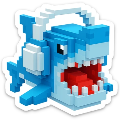 voxel style shark with white headphones, open mouth, blocky, blue and silver, no background sticker