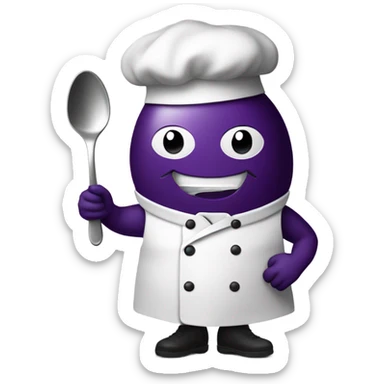 Eggplant with chef’s apron on holding spoon sticker