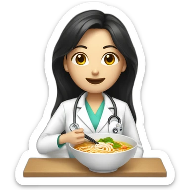 female doctor with long dark hair eating ramen bowl with thumbs up sticker
