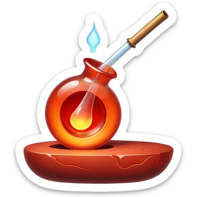 Glassblowing and casting icon, molten glass being shaped into a delicate object with a blowpipe, glowing red-hot glass being poured into a mold, unfinished glass sculpture, minimalistic style, clean lines, transparent background. sticker