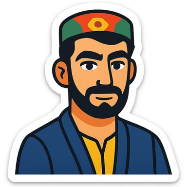 A Tajik man with masculine features, expressive eyes, thick eyebrows, dark hair, and light-olive skin, neatly kept facial hair sticker
