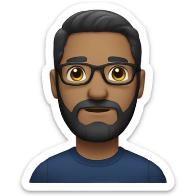 man with dark straight blonde hair, beard, with dark brown eyes, black glasses, and dark blue shirt sticker