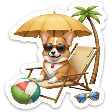 a corgi dog laied on a beach chair, a sunny beach, a sun umbrella, and beach coconut trees. the icon should capture the essence of a relaxing beach vacation with a carefree atmosphere sticker