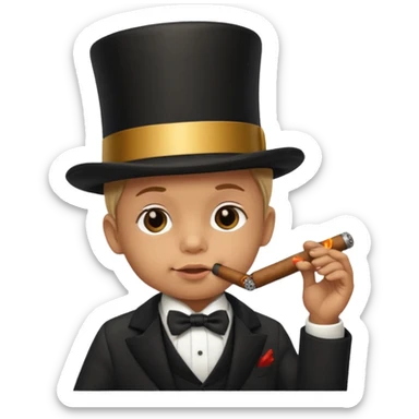 A baby smoking a cigar while wearing a top hat sticker