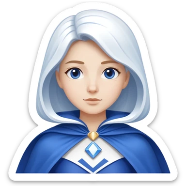 Close-up of a woman wearing a blue and white costume with a cape. Minimalist design, only blue and white colors. sticker