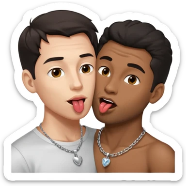 1 White adult male dark hair ,1 black adult male silver necklace, nude,kissing tongue open mouth  sticker