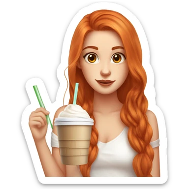 Beautiful fair skin long orange red hair girl brown eyes fair skin girly beautiful drinking straw iced ice coffee clean white beautiful sticker