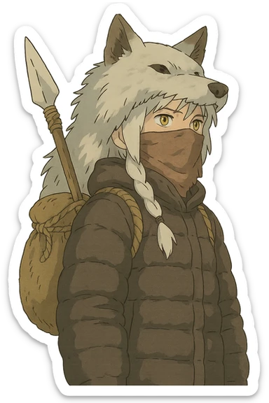 1 female, gold yellow eyes, white hair with a single long braid, wolf headdress, rag face covering, dark colored puffer parka, gazing into the distance. overcast lighting. the has a burlap bag-rope backpack, and a wooden spear with a bone knife tip sticker