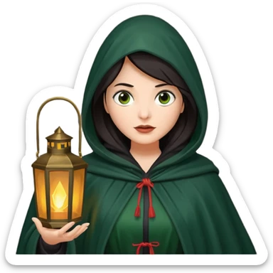 traitor tv show, dark haired woman wearing dark green cloak with hood up who looks evil and is holding up a lantern sticker