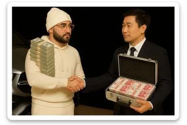 Edit the image of the Asian man holding money by replacing the money with a briefcase full of money that clearly indicates it is from China. Change the glasses on the man in the white hoodie to Cartier glasses. Keep the car in the background unchanged. Maintain the main person's white skin tone, black goatee and facial hair, and white hoodie as in the original image. sticker