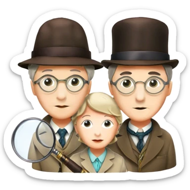 Icon for Detective Movies: A colorful collage with Sherlock Holmes, Miss Marple, and Pinkerton. Include magnifying glasses, clues, and detective tools. The design should evoke mystery and intrigue, with a classic detective movie feel. Transparent background. sticker