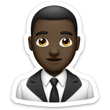 Create a black man with cut in his eyebrow with big black eyes and white suit sticker