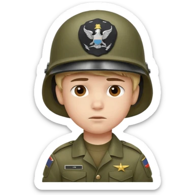 a young boy wearing a military helmet sticker