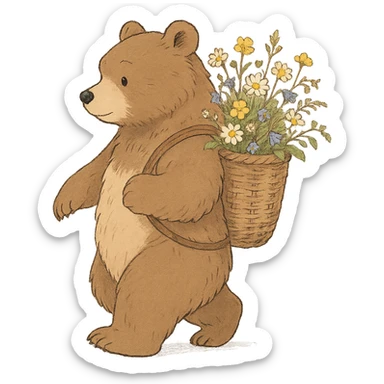 bear carrying a basket of wildflowers, soft pastel brown and cream, gentle and detailed ghibli style sticker