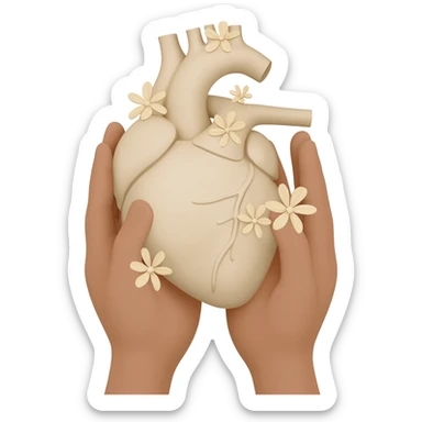 hands are holding light beige human heart with beige flowers sticker