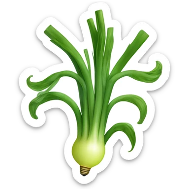 Smiling green onion with a bundle of long, thin green stalks as hair, big expressive eyes, and a cheerful cartoonish face on the white bulb section. Vibrant and playful design. sticker