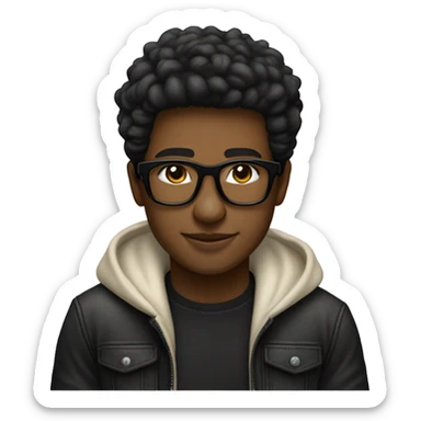 Un joven con gafas de marco negro, cabello oscuro y corto, Lleva puesto un abrigo crema, una camiseta negra. Su expresión es relajada y feliz sticker