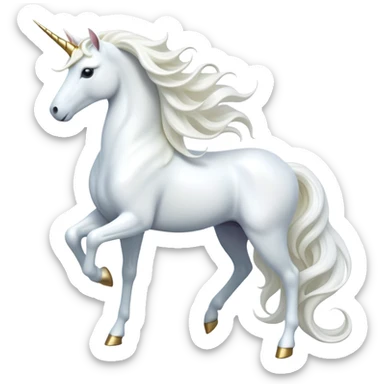 cinematic-beautiful-white-unicorn-full body-emoji,-poised-and-regal,-with-a-slender,-ethereal-form-draped-in-a-pristine-white-color,-a-flowing-mane-and-tail,-and-a-glistening,-spiraled-horn-that-radiates-pure-light,-simplified-yet-sharp-and-majestic, zoomed out to show a majestic unicorn sticker